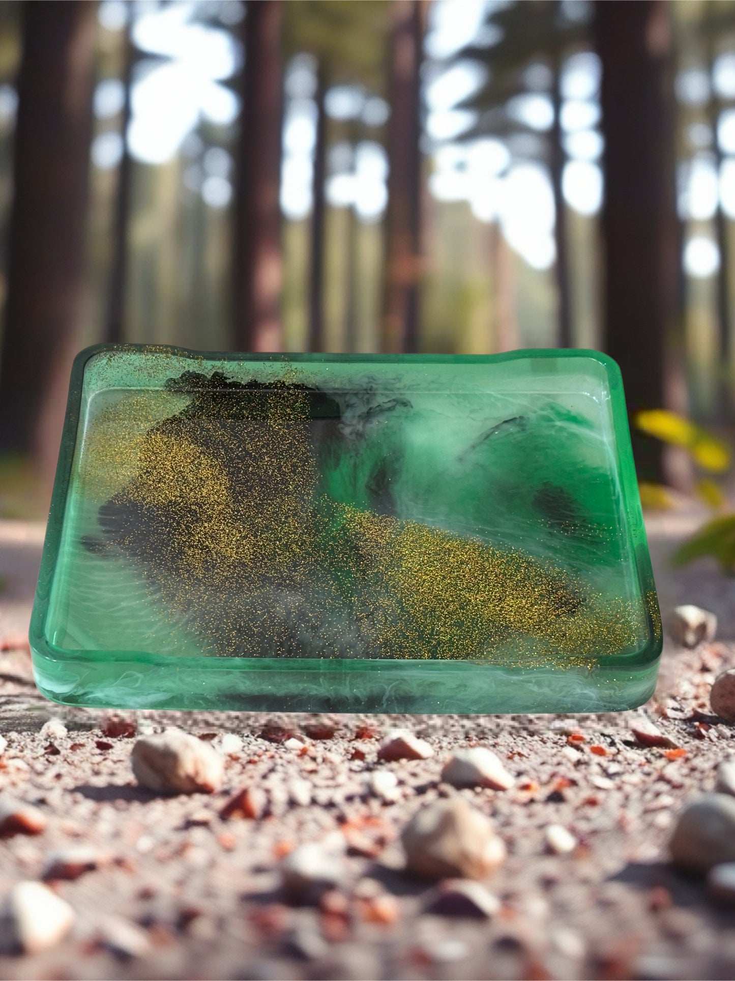 Moss green and gold resin tray with glossy finish