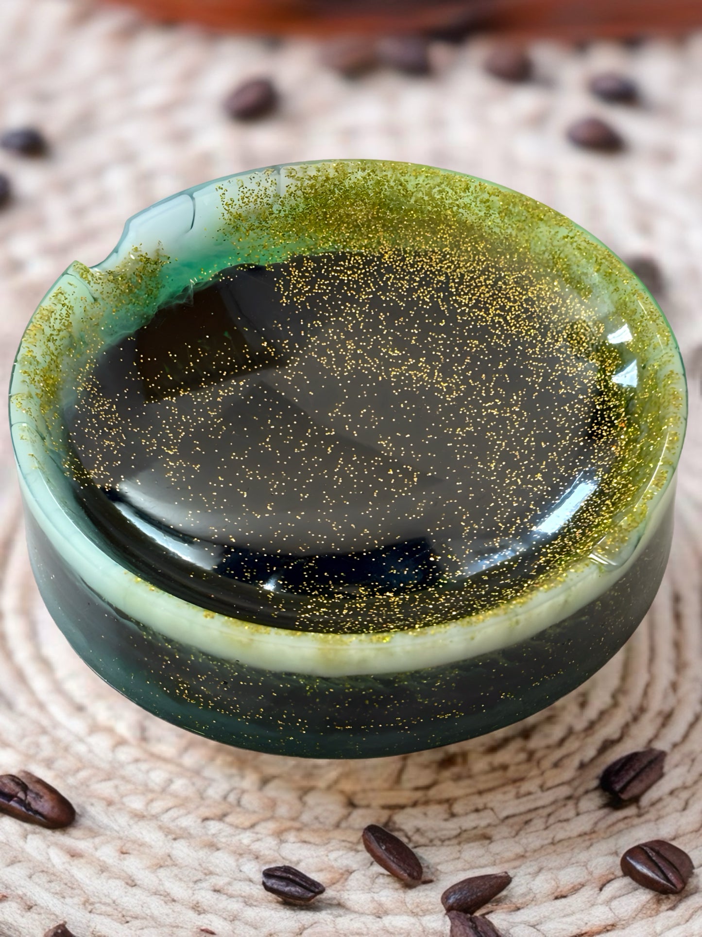 Mossy green and gold resin dish with glossy finish