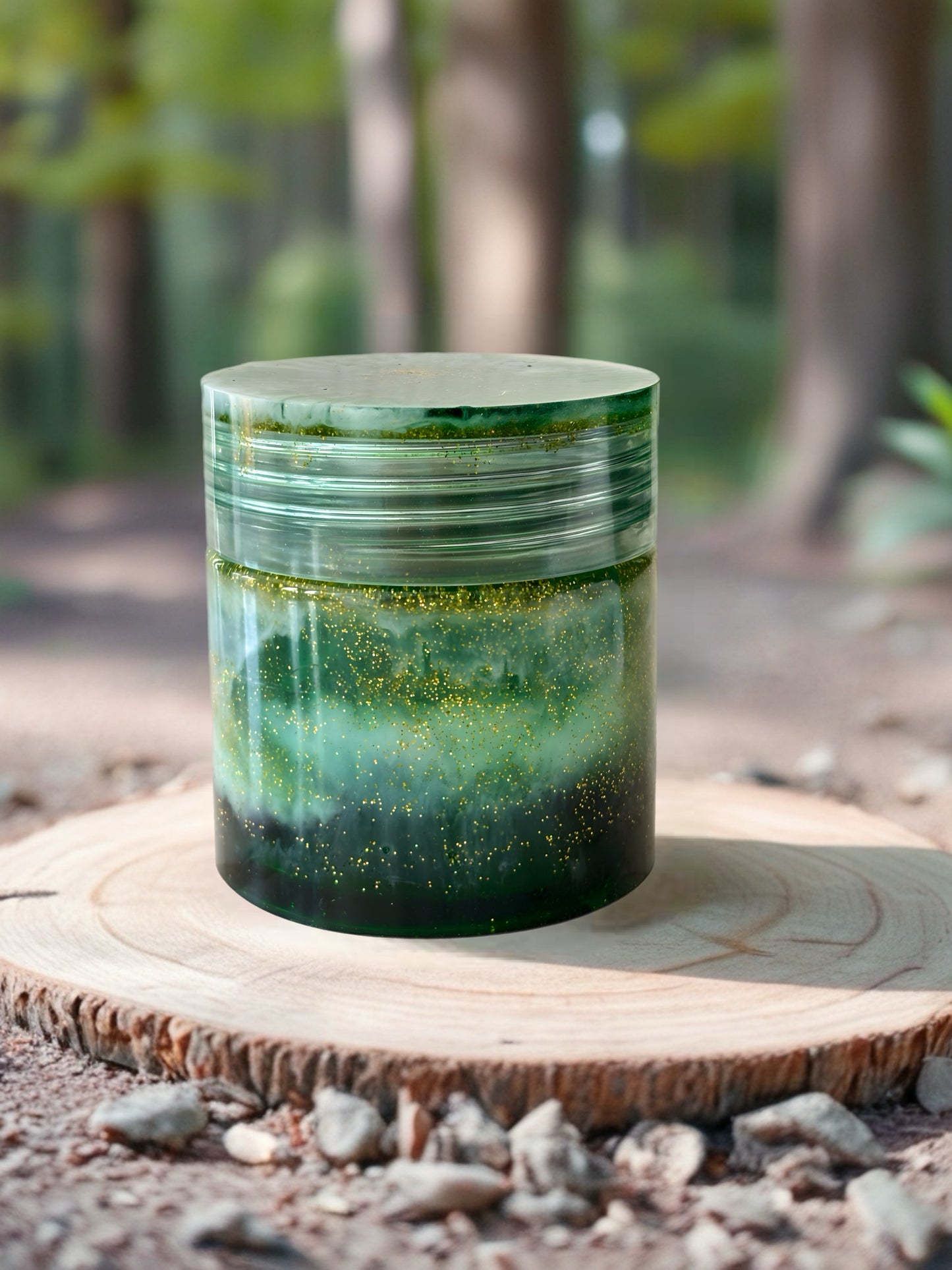 Green resin storage jar with lid in moss and gold swirl