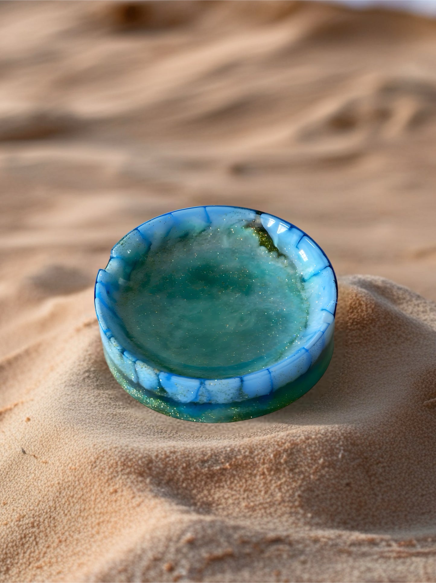 Blue and pearl resin dish with sand shimmer swirl