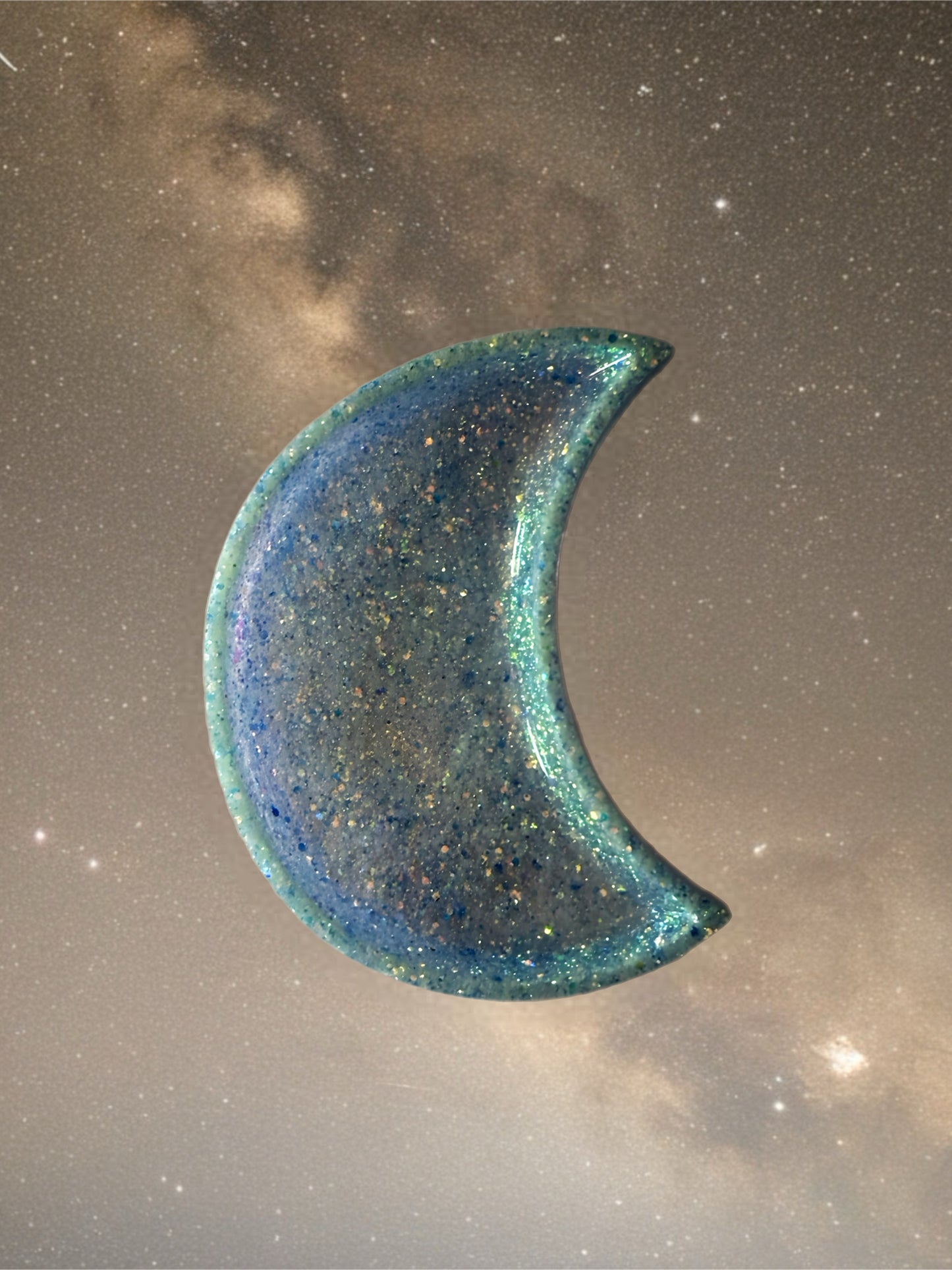 Crescent moon resin tray in deep blue with shimmer