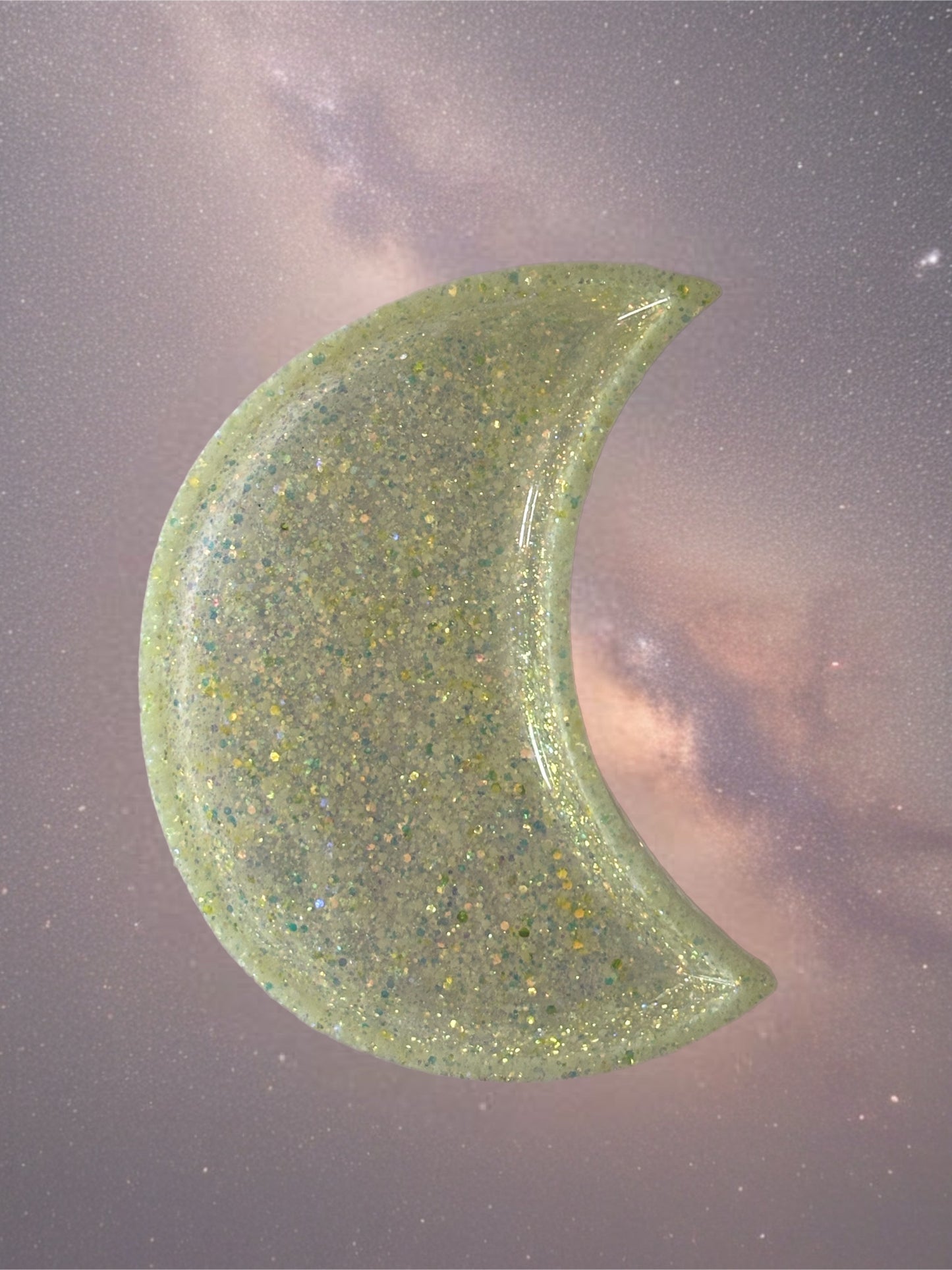 Yellow crescent moon resin tray with golden shimmer