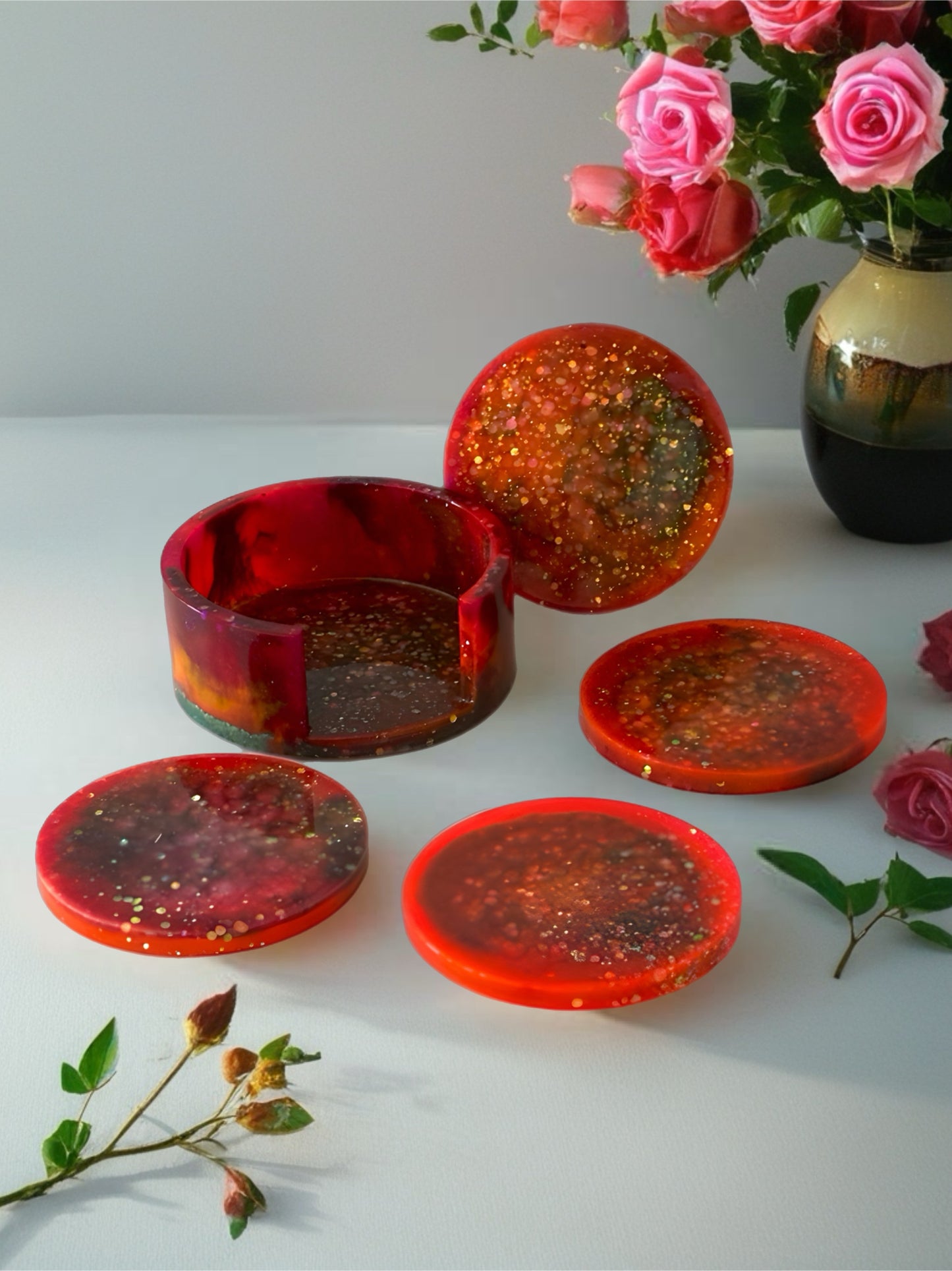 Handmade Resin Coaster Set with Holder – Set of 4