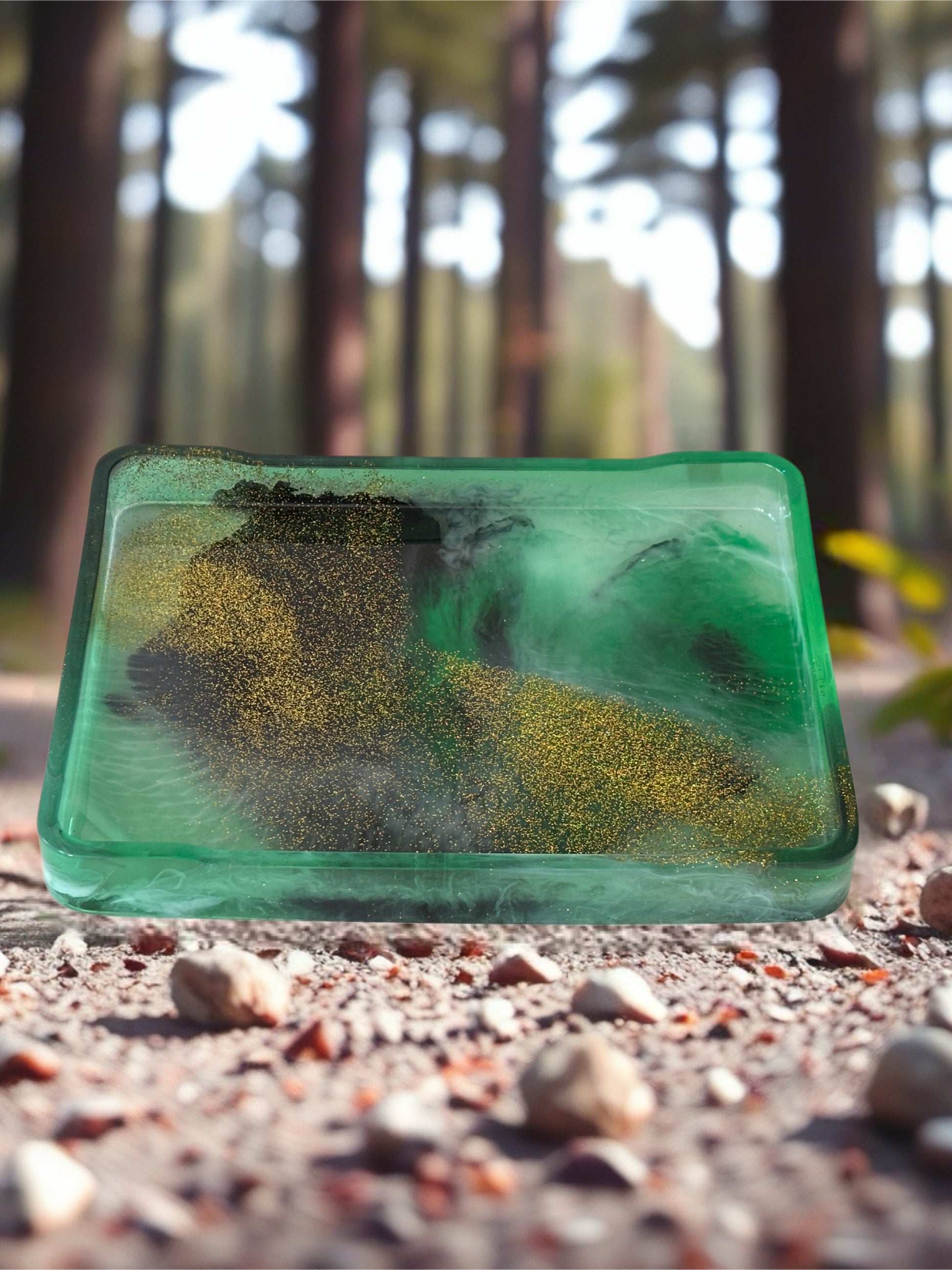 Moss green and gold resin tray with glossy finish