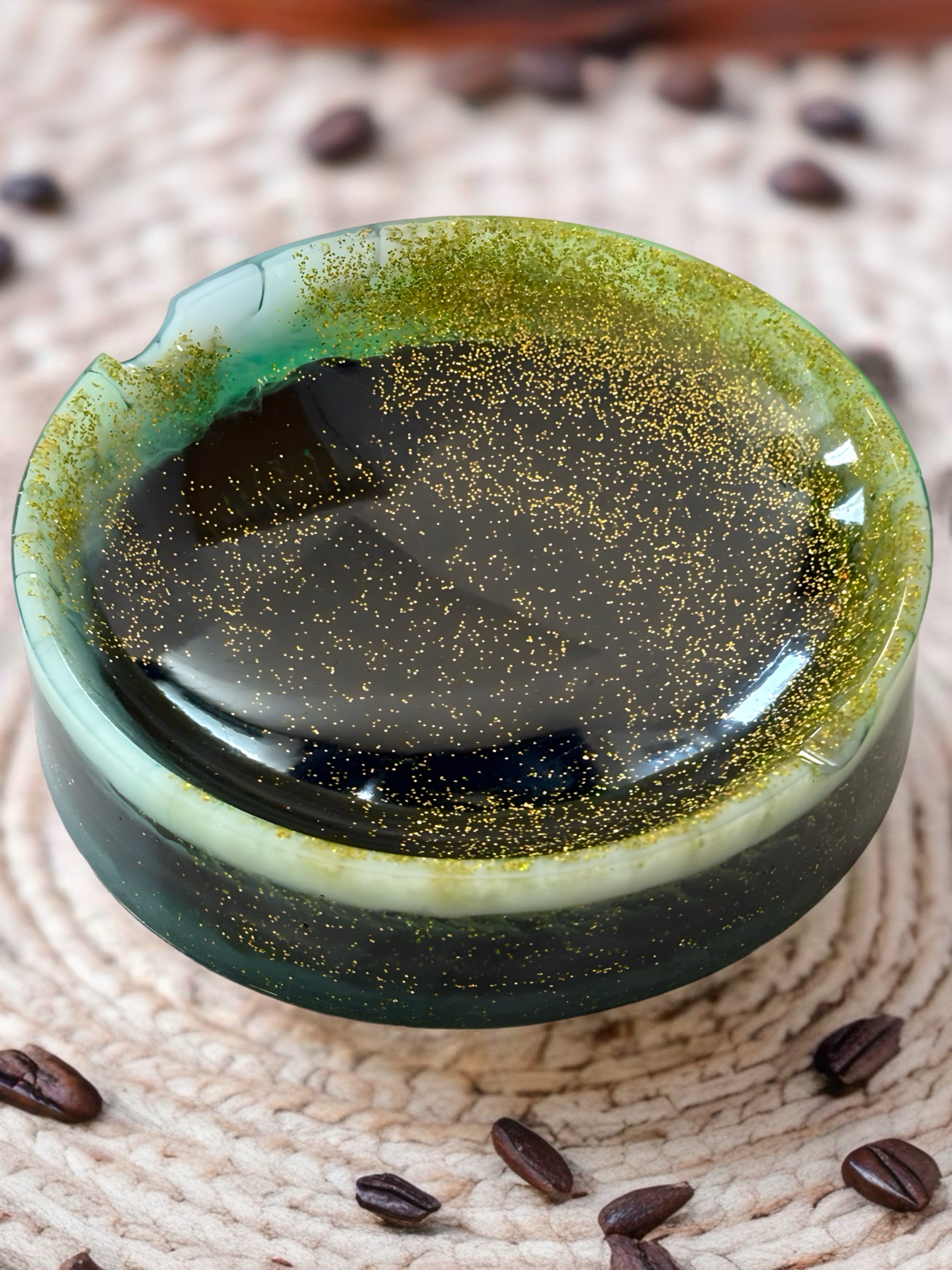 Mossy green and gold resin dish with glossy finish