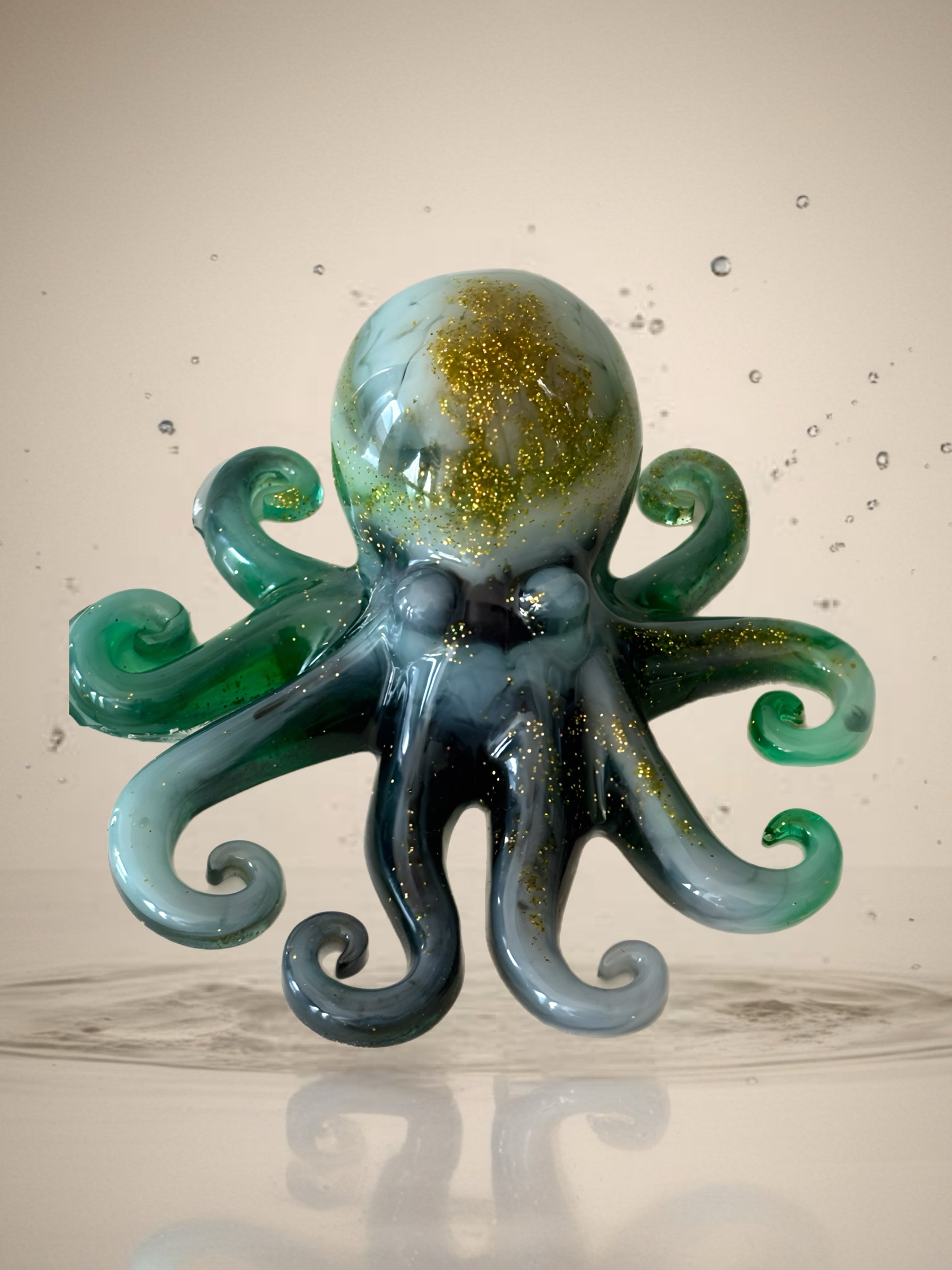 Moss green and gold resin octopus sculpture with shimmer