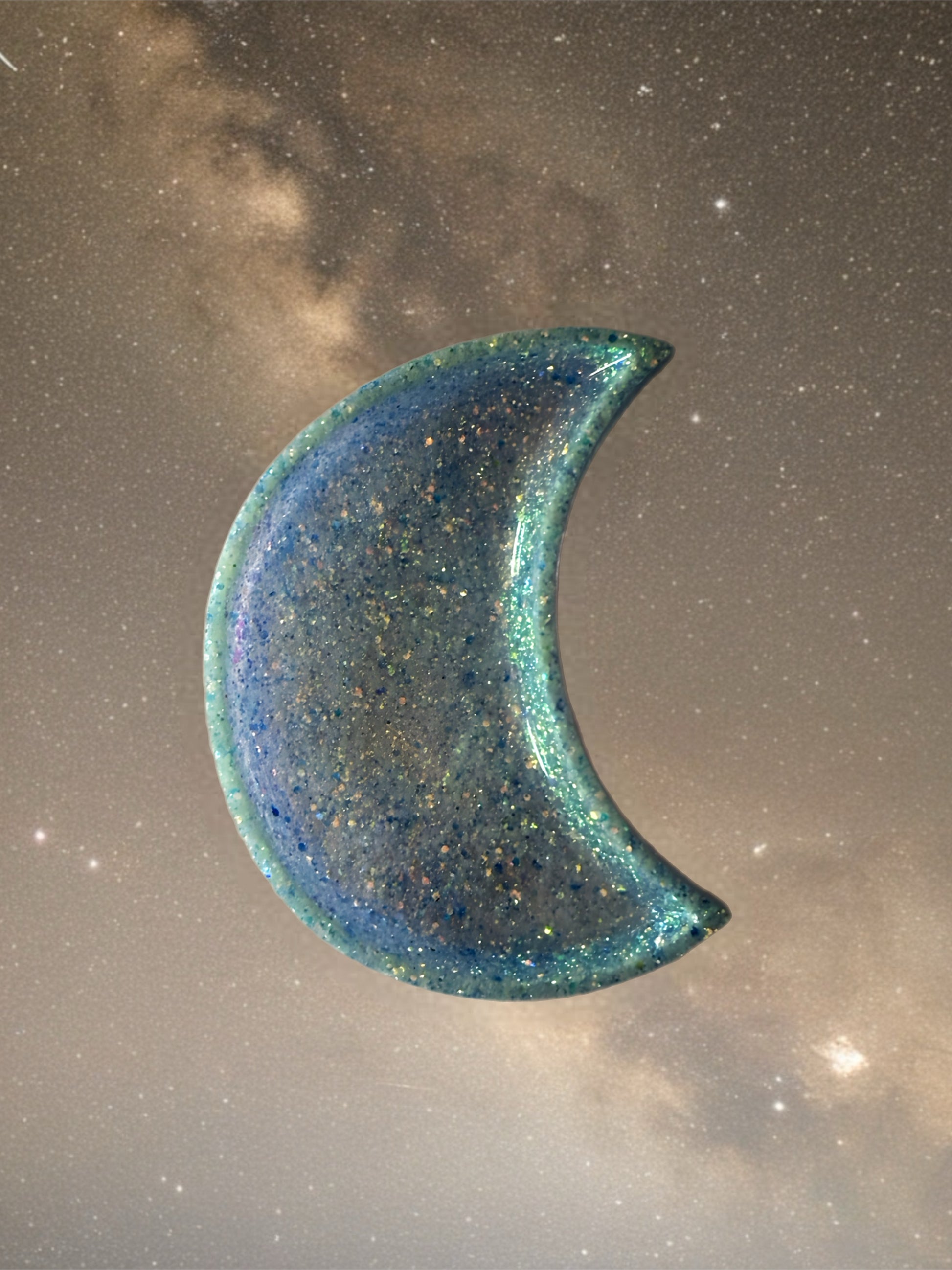 Crescent moon resin tray in deep blue with shimmer