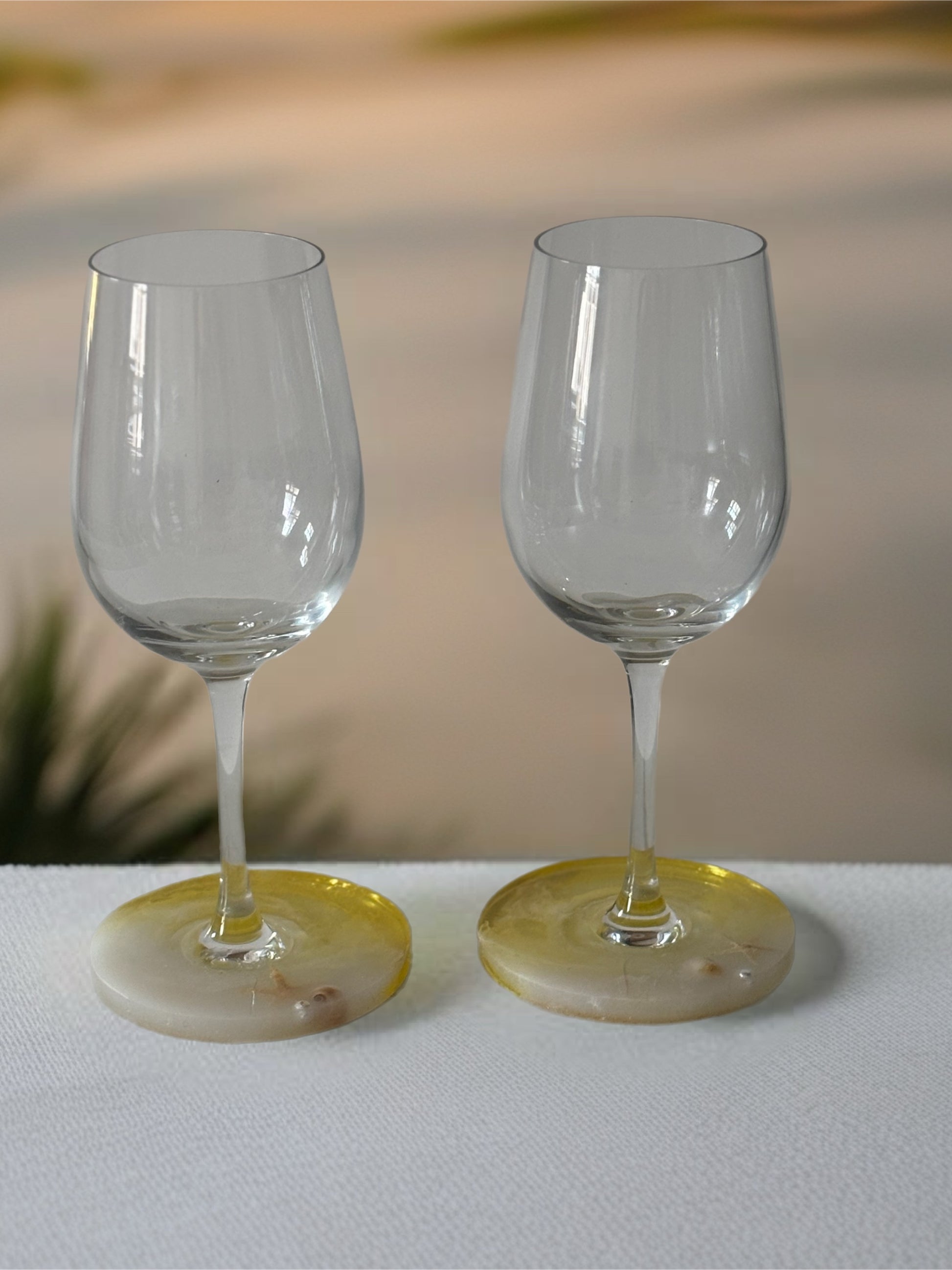 Resin wine glass base in pineapple yellow and ocean white