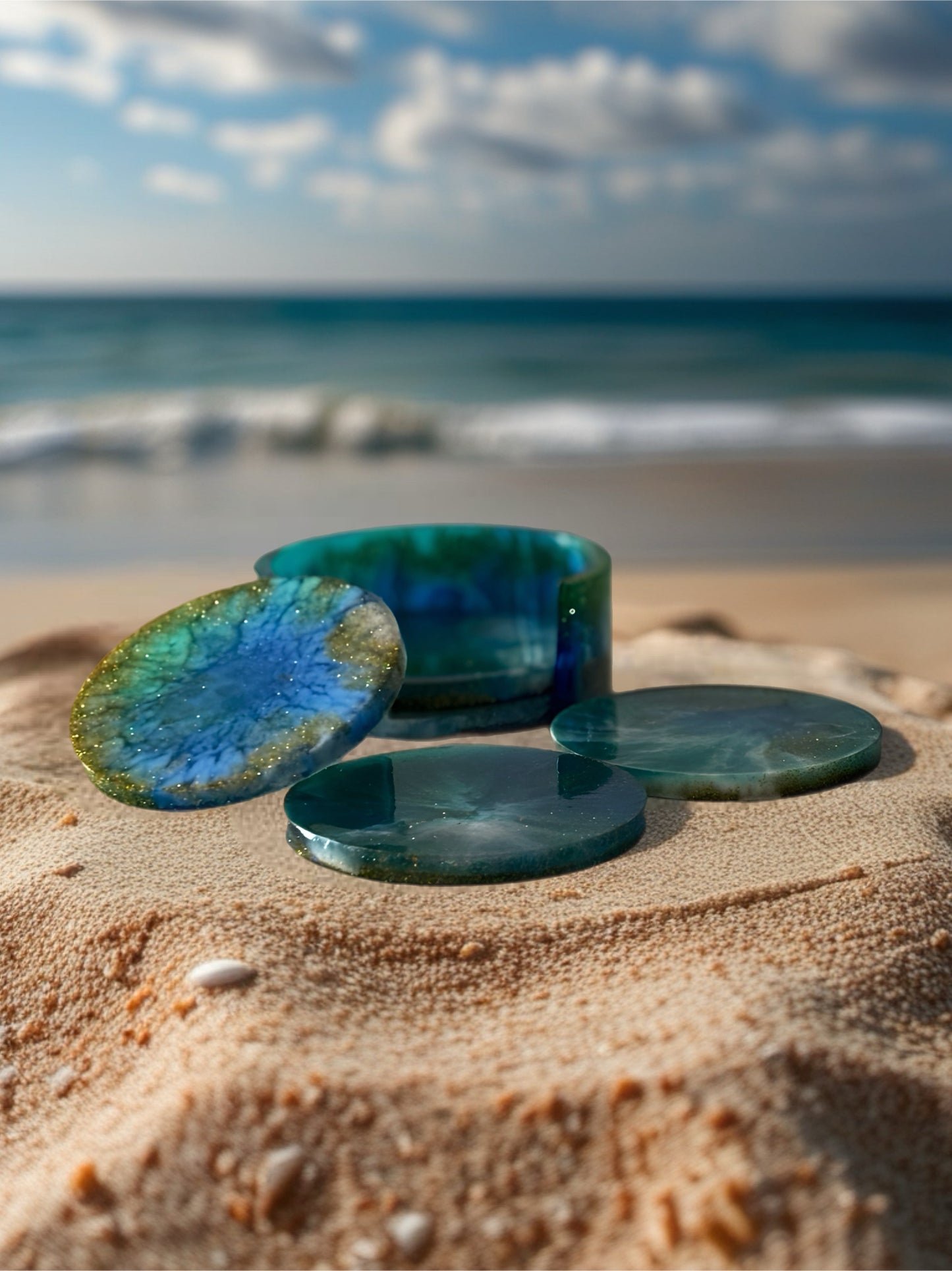 Handmade Resin Coaster Set with Holder – Set of 4