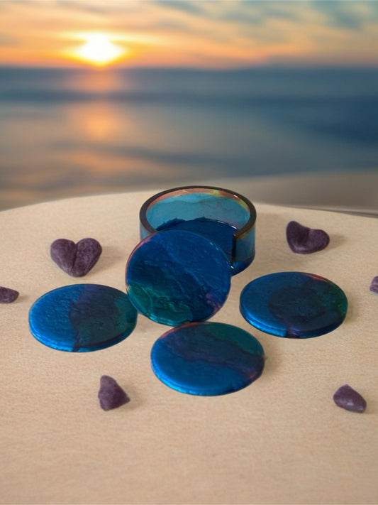 Handmade Resin Coaster Set with Holder – Set of 4